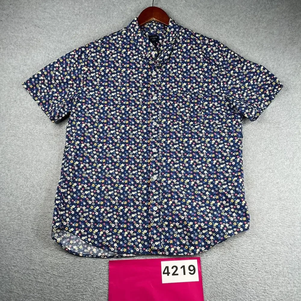J Crew Flex Shirt XL Blue Colorful Floral Print Button Up Short Sleeve Mens